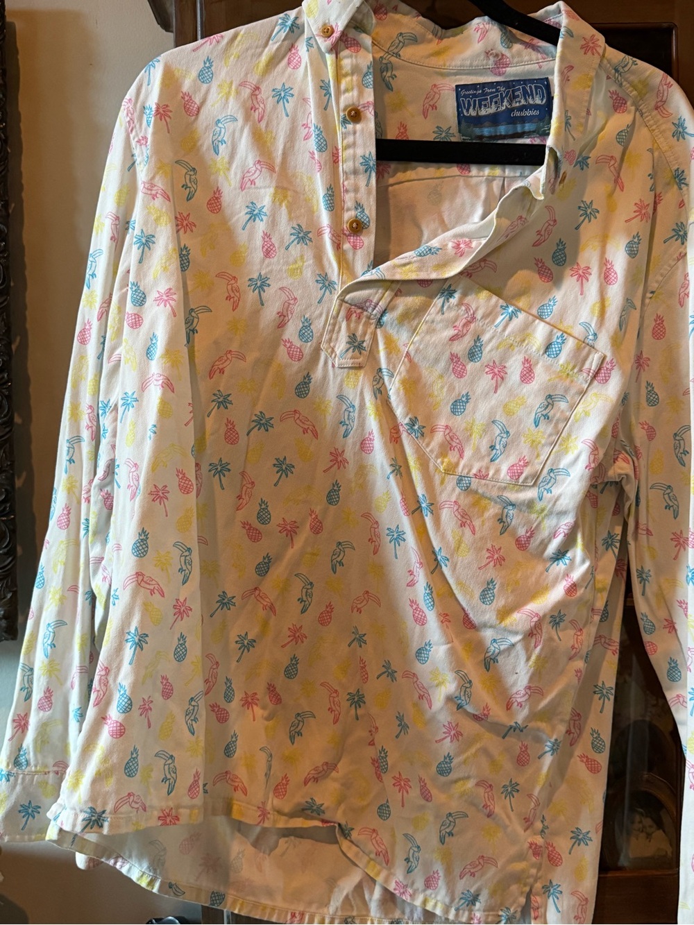 chubbies White Long-Sleeve Tropical Print Pajama Top with Pink and Blue Motifs